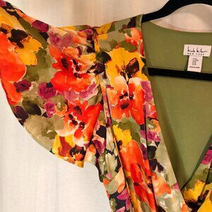 Nicole Miller New York Floral Maxi Dress Flutter Sleeve Tie Waist M
